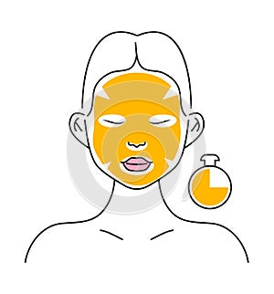 Facial mask sheet applying icon vector. Face skincare, treatment, spa procedure relaxation. Girl shows how to cleaning