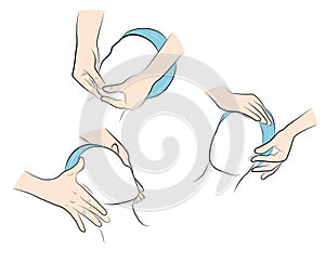 Facial massage. position of the hands during a massage on the face. right hand movements. vector illustration.