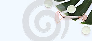 Facial massage roller with two rose quartz heads. Massage roller on a monstera leaf