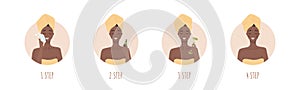 Facial massage steps. African woman do cosmetic spa procedures for face with jade nephrite roller. Morning routine. Skin
