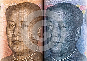 Facial part of Chinese yuan banknotes with face of Mao Tse-tung