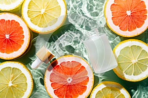 Facial pipette serum, whey beauty product near fruit citrus lemon and grapefruit in water splashing fresh transparent