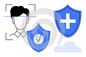 Facial Recognition and Data Security Concept with Shield and Cloud Elements