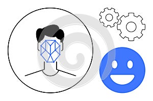 Facial Recognition System with Geometric Face Map and Technology Icons
