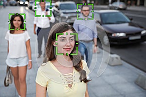 Facial recognition system identifying people on city street