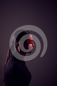 Facial Recognition Technology Concept As Woman Has Red Grid Projected Onto Face In Studio