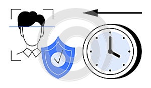 Facial Recognition and Data Security Concept with Clock and Shield Icon