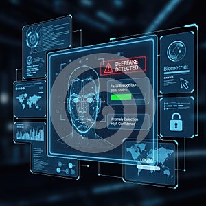 Facial recognition technology scanning user face with digital interface security