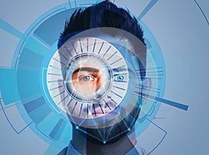 Facial recognition. Young man scanned by iris and digital biometric grid