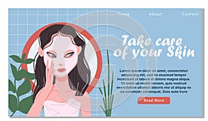 Facial sheet mask landing page. Woman using a mask for her skin. Vector illustration in flat style
