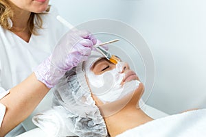 Facial skin care and protection. A young woman at a beauticians appointment. The specialist applies a cream mask to the