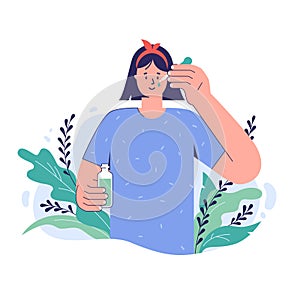 Facial skincare concept. Girl applies serum. Vector illustration