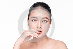 Facial treatment. Beautiful asian woman portrait with perfect skin