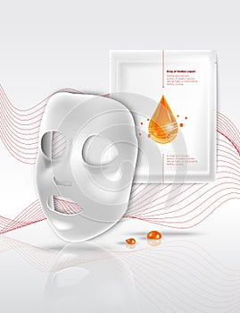 Facial White Sheet cosmetic cloth face mask and sachet package with Falling drop of golden liquid and shiny molecules