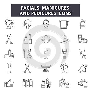Facials, manicures and pedicures line icons for web and mobile design. Editable stroke signs. Facials, manicures and