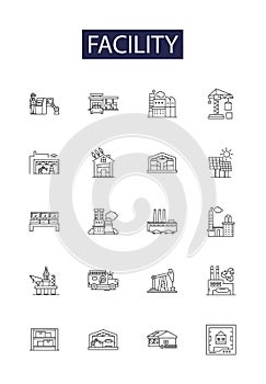 Facility line vector icons and signs. Building, Site, Complex, Place, Area, Room, Locale, Hall outline vector photo