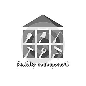 Facility management logo concept with home, house, building and work tool icon set