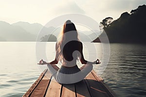 Facing back young woman practicing meditation or yoga, sitting on a wooden pier on the shore of a