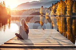 Facing back young woman , sitting on wooden pier on shore beautiful mountain lake at sunrise or
