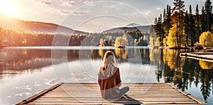 Facing back young woman , sitting on wooden pier on shore beautiful mountain lake at sunrise or