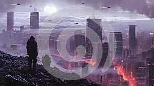 Facing cyberpunk adversaries in a desolate urban landscape. Copy Space