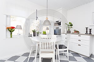 Facny kitchen interior with table by the window and checkered floor