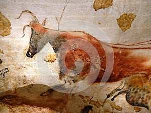 Facsimile reproduction of a red cow from Lascaux cave in Dordogne
