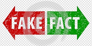Fact and Fake grunge rubber stamp isolated on transparent  background.  True or fiction on red and green arrows.  Green Fact and R