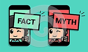 Fact myth sign.Cute boy carrying a  board with fact and myth inside a phone. Concept of thorough fact-checking or easy compare evi