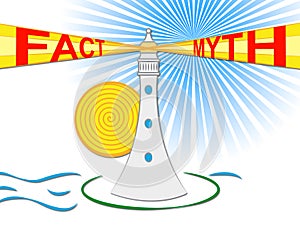 Fact Vs Myth Lighthouse Describes Truthful Reality Versus Deceit - 3d Illustration