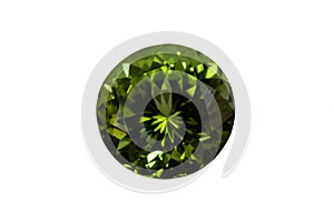Facted Peridot gemstone. Top View. White background.