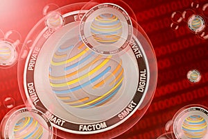 Factom crash, bubble. Factom FCT cryptocurrency coins in a bubbles on the binary code background