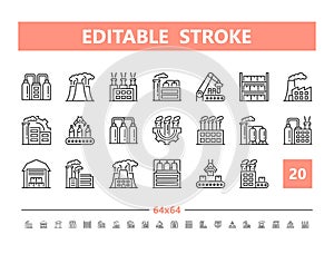 Factory 20 line icons. Vector illustration in line style. Editable Stroke, 64x64, 256x256, Pixel Perfect.
