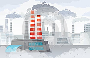 Factory air pollution. Polluted environment, industrial smog and industry smoke clouds vector illustration