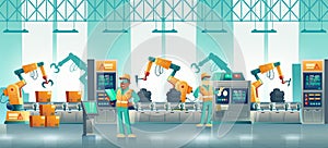 Modern factory robotized conveyor cartoon vector photo