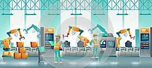 Modern factory robotized conveyor cartoon vector photo