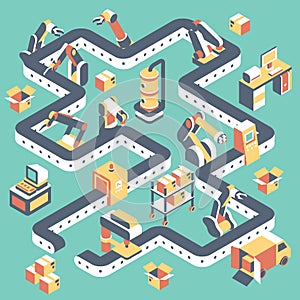 Factory automated production line vector flat isometric illustration