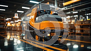 Factory Automation with AGV and robotic arm in transportation, Factory 4.0 concept