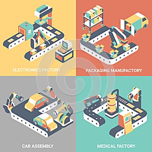 Factory automation concept vector flat isometric poster set
