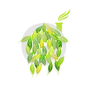 Factory building industry symbol made of green leaves, logo, emblem, creative ecology sign design vector illustration