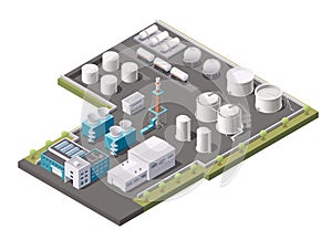 Factory buildings isometric concept. Petroleum industry oil refinery plant with chemical equipment, pipeline and storage