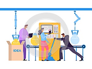 Factory business idea technology, cartoon people vector illustration. Cartoon manufacturing production and imagination