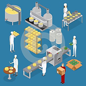 Factory Cheese Production Line Elements and Staff. Vector