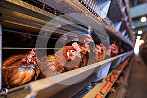 Factory Chicken egg production. Red chickens are seated in special cages. Linear perspective. Agribusiness company.