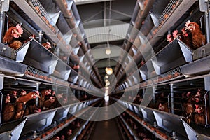 Factory Chicken egg production. Red chickens are seated in special cages. Linear perspective. Agribusiness company.