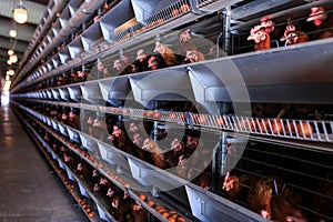 Factory chicken egg production. Red chickens are seated in special cages. Linear perspective. Agribusiness company. Concept theme