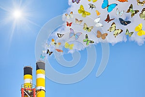 Factory chimney emitting fumes with flying butterflies