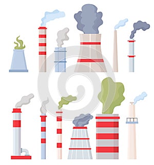 Factory chimney with smoke. Manufacturing pipes with toxic chemical fumes, environment and air pollution. Stack with