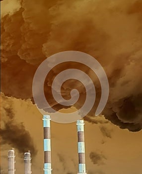 A factory chimney and smoke pollute photo