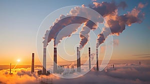 Factory chimneys emit carbon causing smog, illustrating industrial pollution consequences.